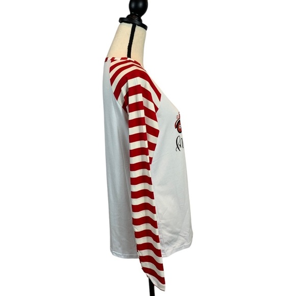 Egelexy Merry Christmas Y’all Long Candy Cane Striped Sleeve Baseball Style Tee - Picture 4 of 8